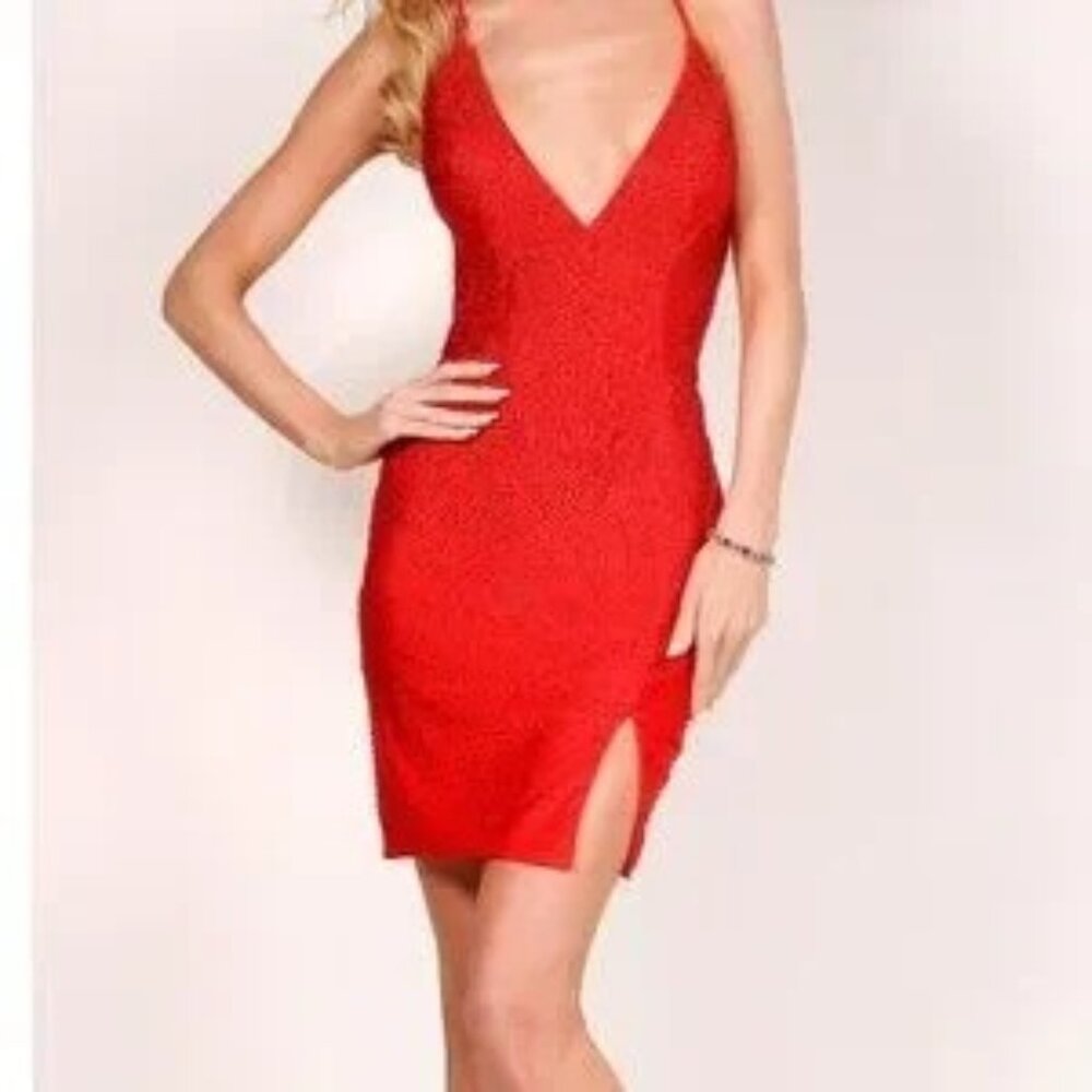 Lucci Lu Red Rhinestone Spaghetti Strap Backless‎ Bodycon Zip up SZ 4 Sexy Dress